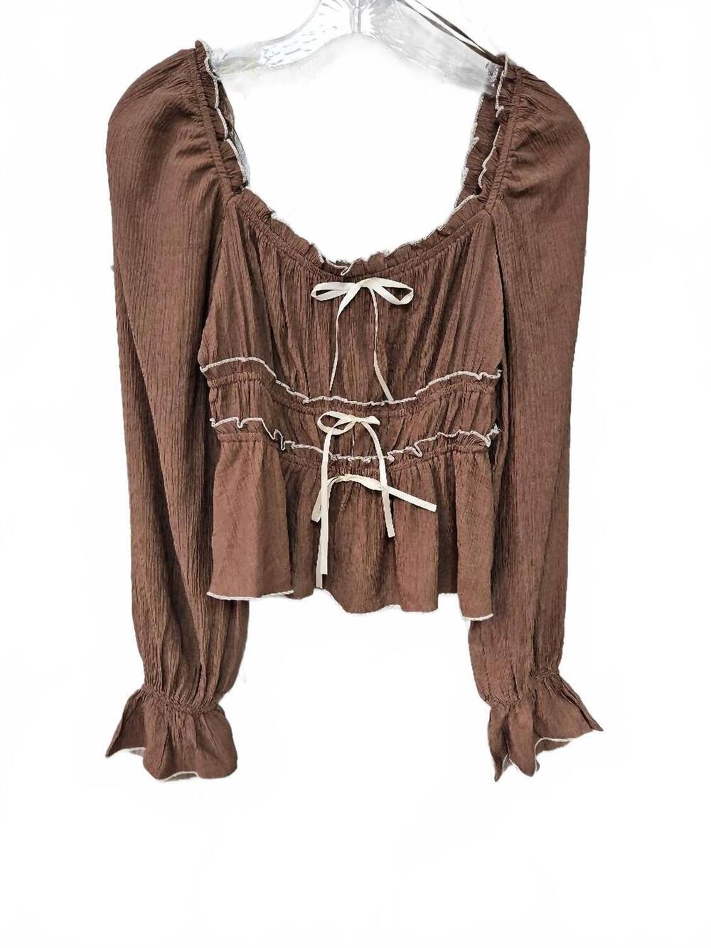 NEW BLU PEPPER women's contrast bow ruffled long sleeve blouse in brown